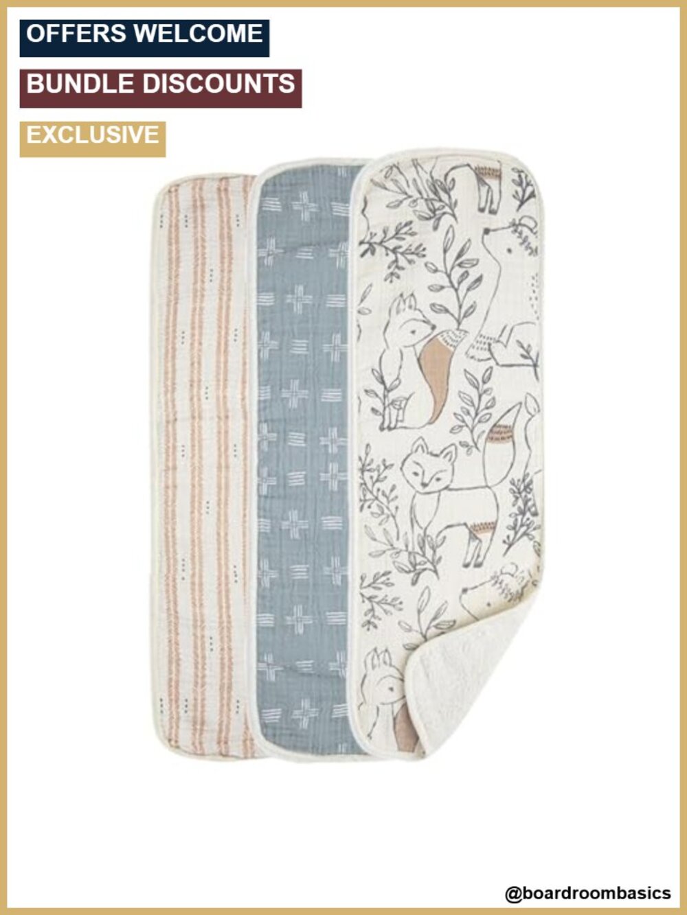Muslin Burp Cloths Set of 3, 100% Cotton Terry Backed, Woodland Animal, 7" x 20"